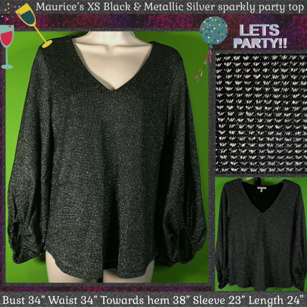 XS MAURICES SPARKLY SHIMMERING SILVER METALLIC THREADING V NECK TOP
